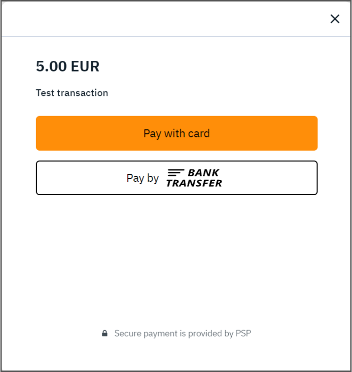 Payment widget with several payment methods: card payment and bank transfer Payment widget with several payment methods: card payment and bank transfer